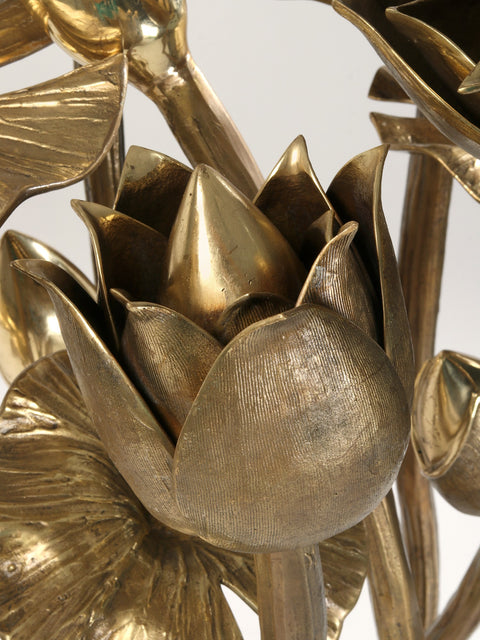 Large Bunch of Lotus Flowers and Buds with Stand in Brass | Home Decor