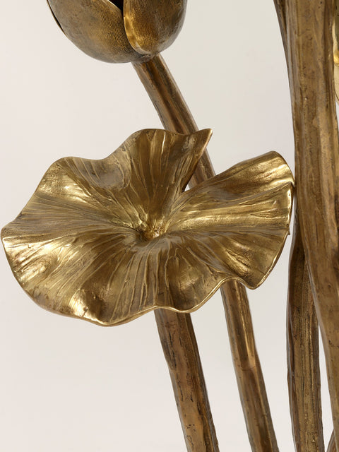 Large Bunch of Lotus Flowers and Buds with Stand in Brass | Home Decor