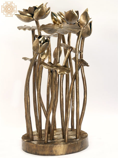 Large Bunch of Lotus Flowers and Buds with Stand in Brass | Home Decor