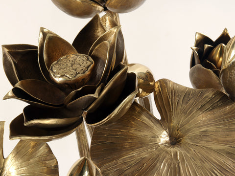 Large Bunch of Lotus Flowers and Buds with Stand in Brass | Home Decor