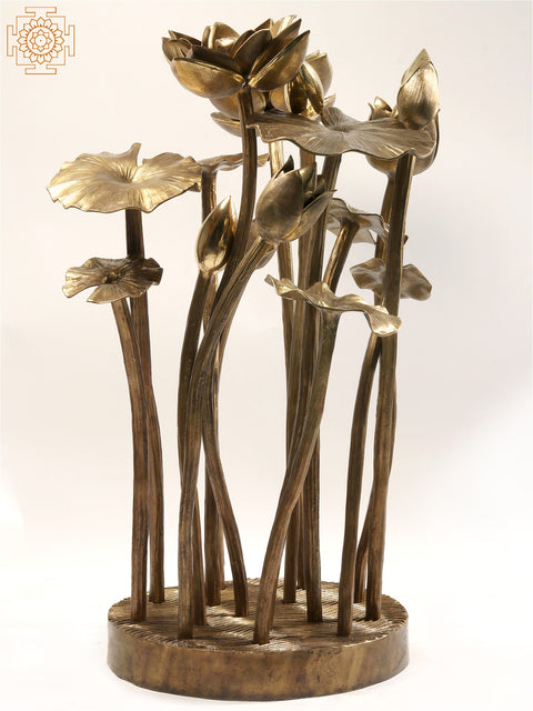 Large Bunch of Lotus Flowers and Buds with Stand in Brass | Home Decor