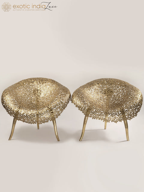 36" Set of Comfortable Designer Chairs and Table in Brass | Furniture