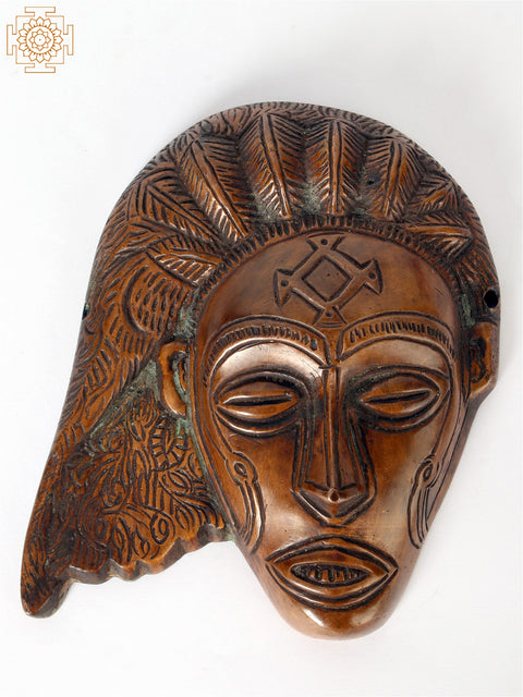 4" Small Tribal Lady Face Wall Hanging in Brass