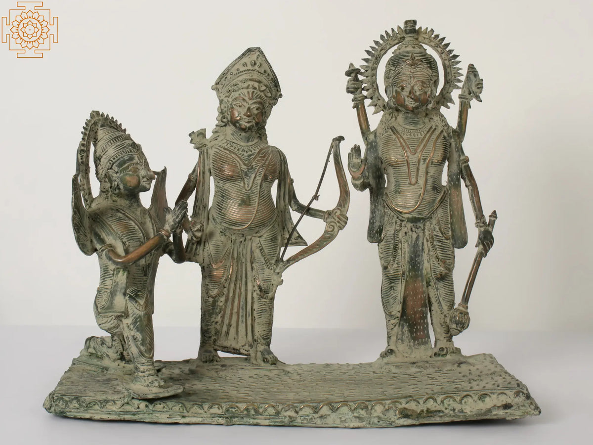 16” Tribal Statue of Garuda Bowing to Lord Rama while Lord Vishnu Blesses