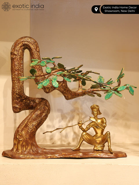 18" Lord Krishna Brass Statue Playing Flute Under The Tree