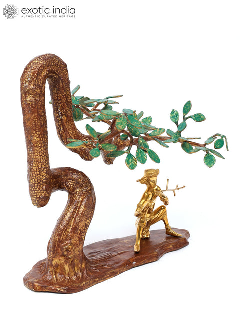 18" Lord Krishna Brass Statue Playing Flute Under The Tree