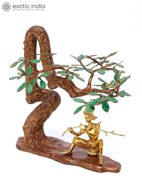18" Lord Krishna Brass Statue Playing Flute Under The Tree