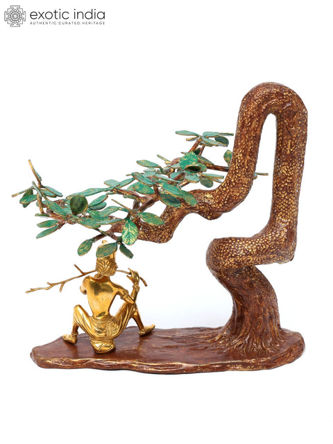 18" Lord Krishna Brass Statue Playing Flute Under The Tree