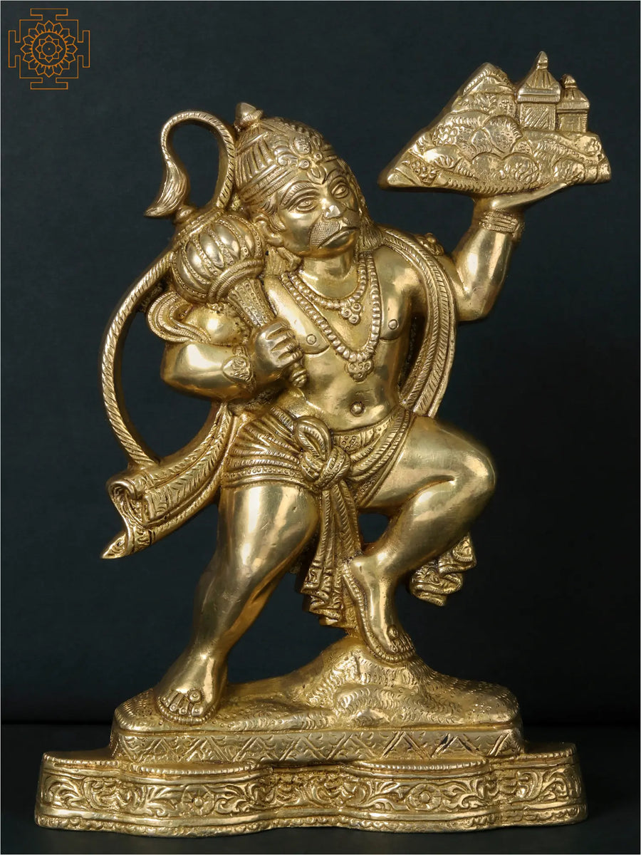 12" Lord Hanuman Holding Mountain Brass Wall Hanging Statue