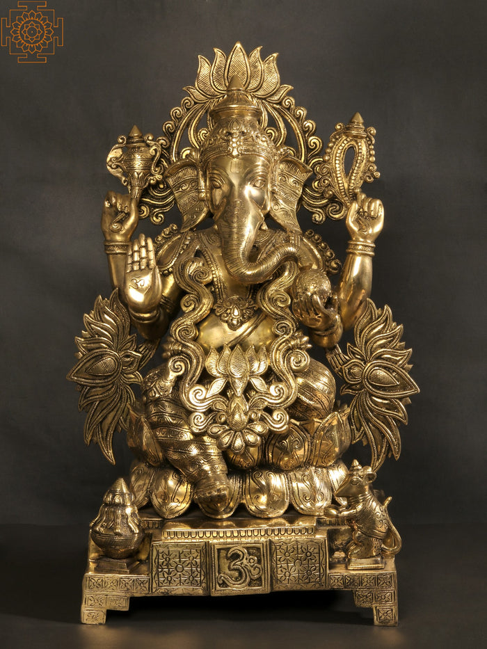 25" Chaturbhuja Lord Ganapati Handmade Brass Statue on Lotus