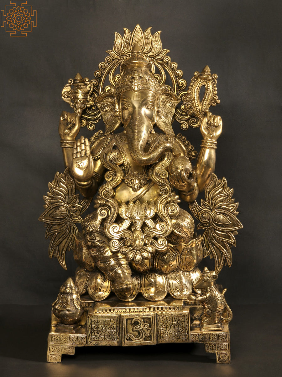25" Chaturbhuja Lord Ganapati Handmade Brass Statue on Lotus