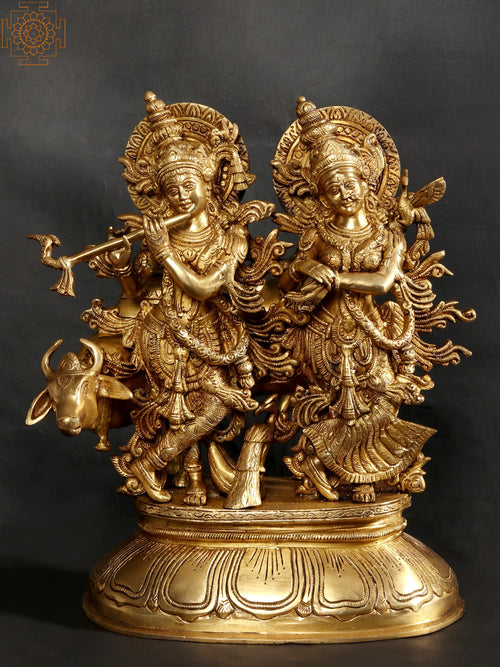 16" Standing Radha Madhav Brass Statue with Krishna and Cow