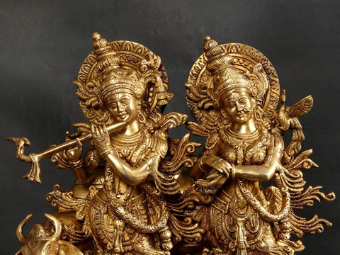 16" Standing Radha Madhav Brass Statue (Krishna) with Cow