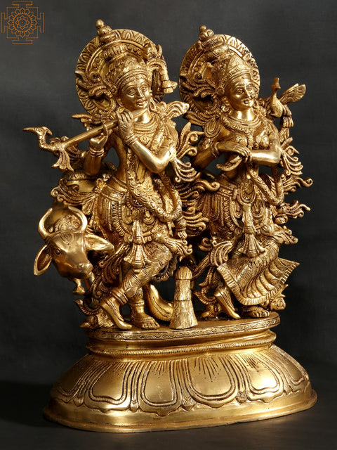 16" Standing Radha Madhav Brass Statue (Krishna) with Cow