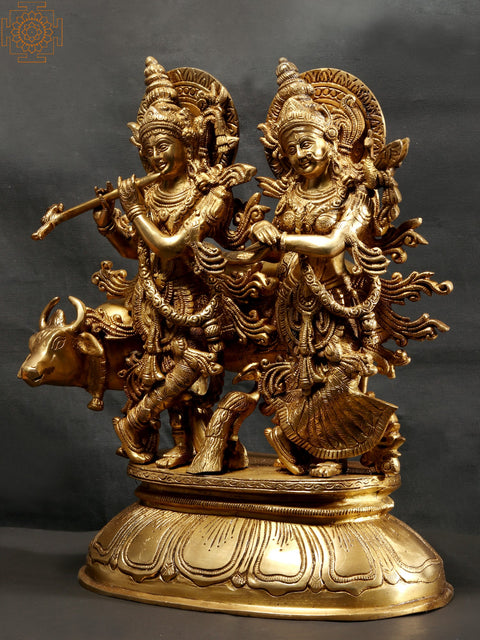 16" Standing Radha Madhav Brass Statue (Krishna) with Cow