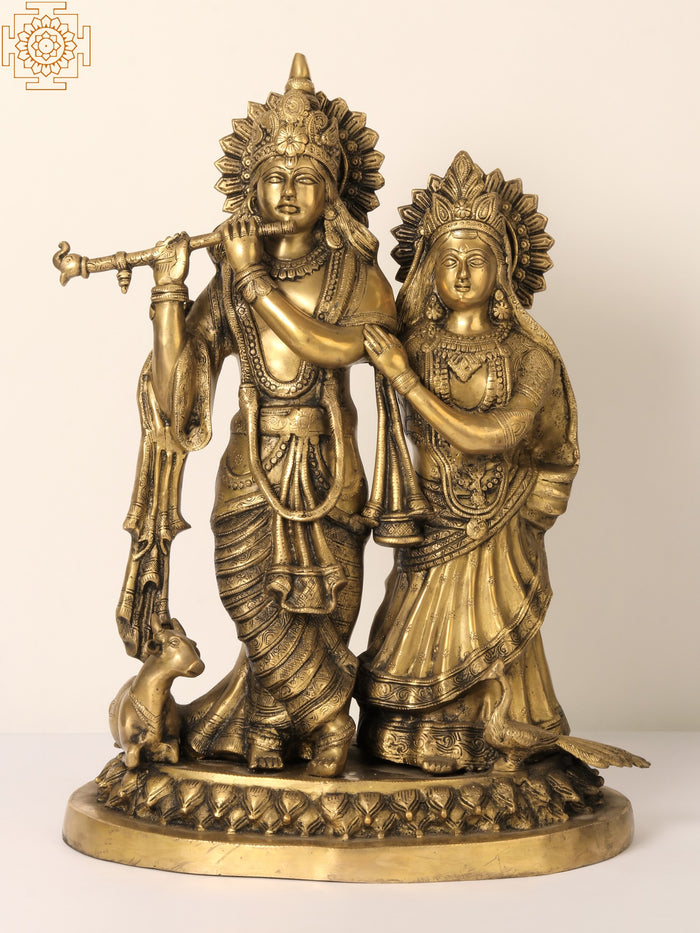 22" Radha Krishna Brass Statue with Cow and Peacock Handmade