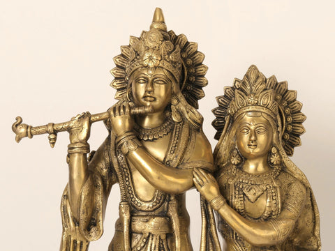 22" Divine Pair of Radha Krishna Brass Statue with Cow and Peacock