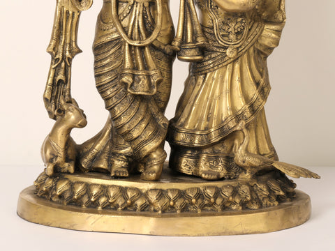 22" Divine Pair of Radha Krishna Brass Statue with Cow and Peacock