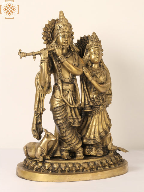 22" Divine Pair of Radha Krishna Brass Statue with Cow and Peacock