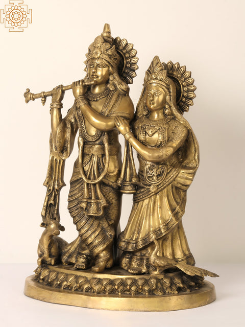 22" Divine Pair of Radha Krishna Brass Statue with Cow and Peacock