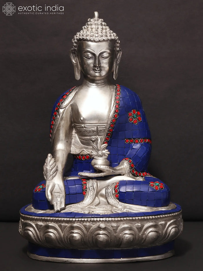 12" Medicine Buddha Handmade Brass Statue with Stone Work