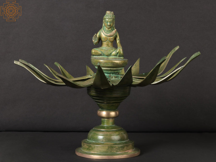 13" Lord Shiva Blessing Brass Statue with Lotus Shrine