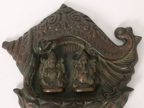 8" Brass Lakshmi Ganesha Carved In Conch | Wall Hanging Idols