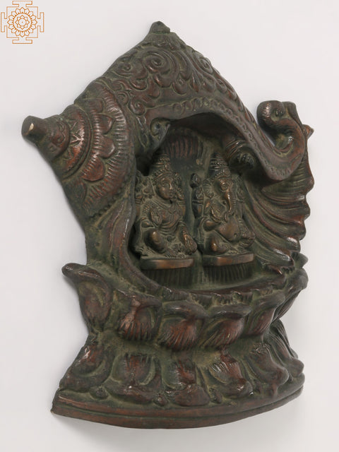 8" Brass Lakshmi Ganesha Carved In Conch | Wall Hanging Idols