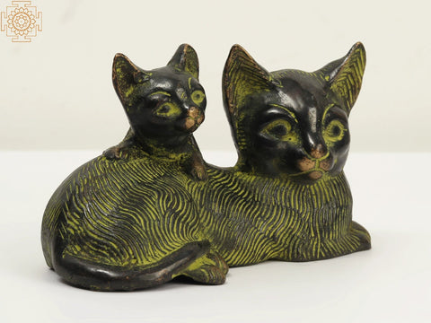 5" Small Brass Decorative Cat and Kitten Statue