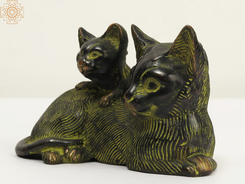 5" Small Brass Decorative Cat and Kitten Statue