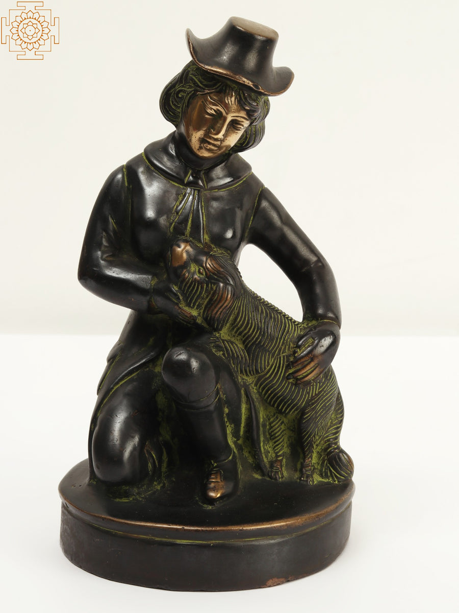 Girl with Pet Dog Brass Statue Handmade Home Decor