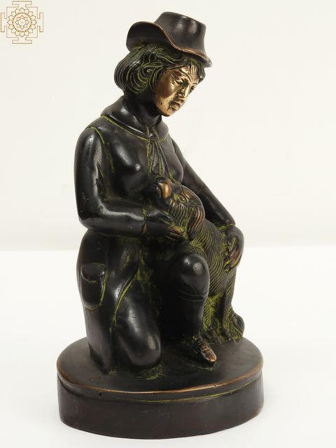A Hat Girl Loving Her Pet Dog | Brass Statue | Home Decor