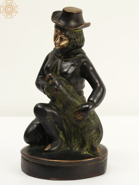 A Hat Girl Loving Her Pet Dog | Brass Statue | Home Decor
