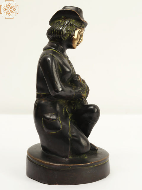 A Hat Girl Loving Her Pet Dog | Brass Statue | Home Decor