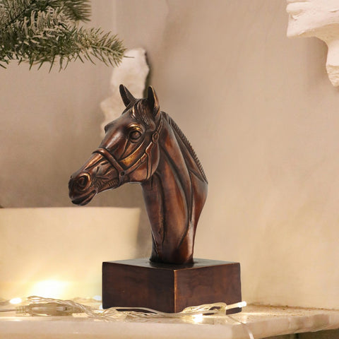 7" Brass Horse Head on Pedestal Statue | Home Decor