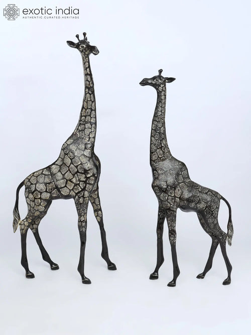 53" Pair of Brass Giraffe Statues - Handmade Home Decor