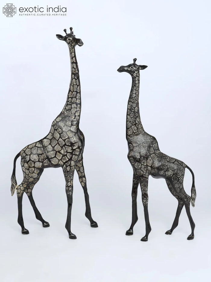 53" Pair of Brass Giraffe Statues - Handmade Home Decor
