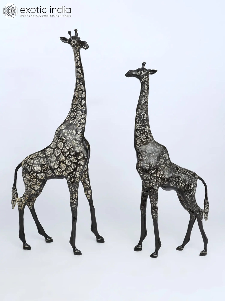 53" Pair of Brass Giraffe Statues - Handmade Home Decor