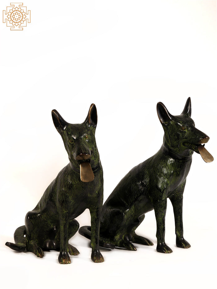 21" German Shepherd Dog Brass Statue Pair