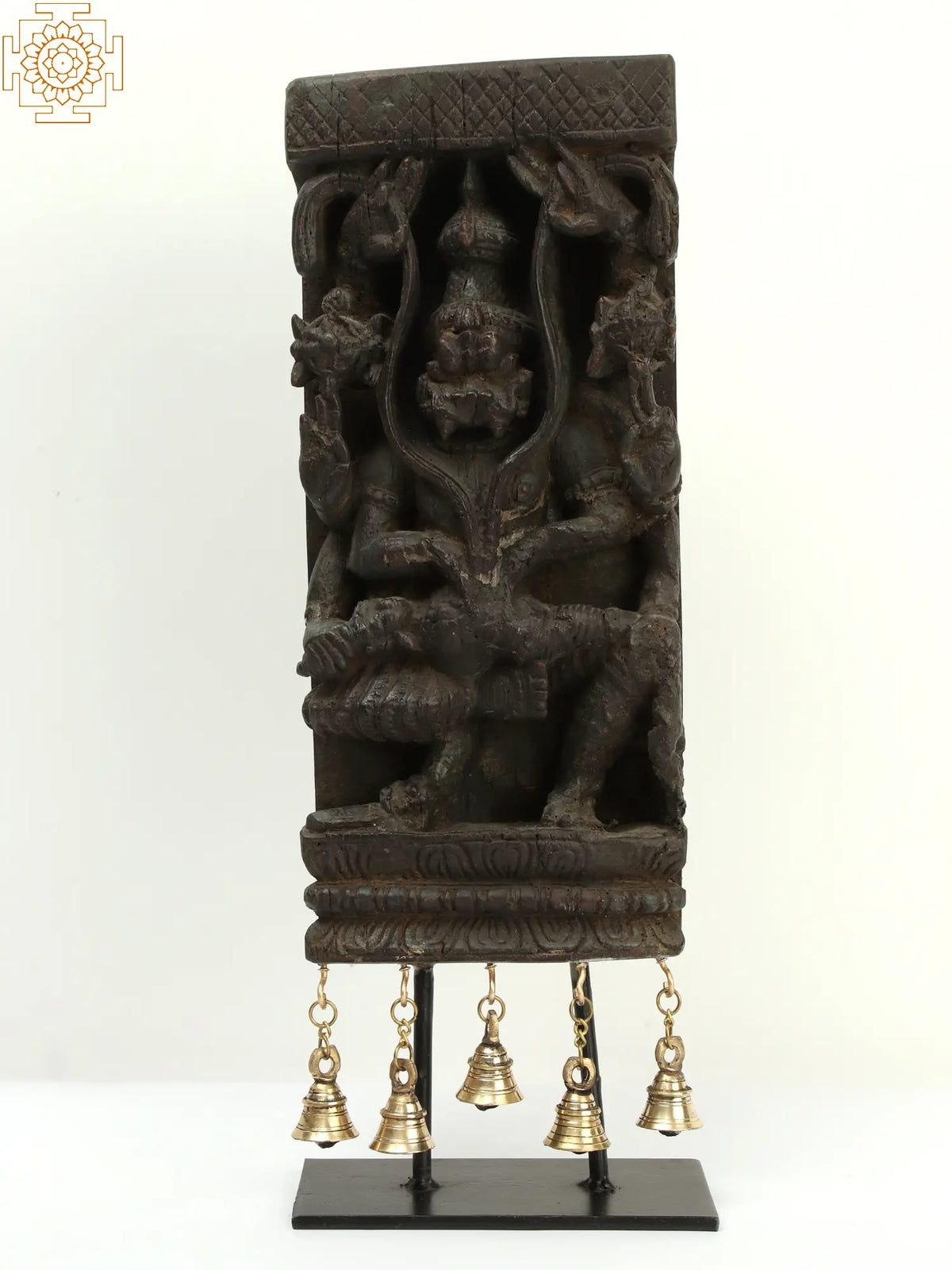 19" Wooden Carved Lord Narasimha with Dangling Bells in Brass