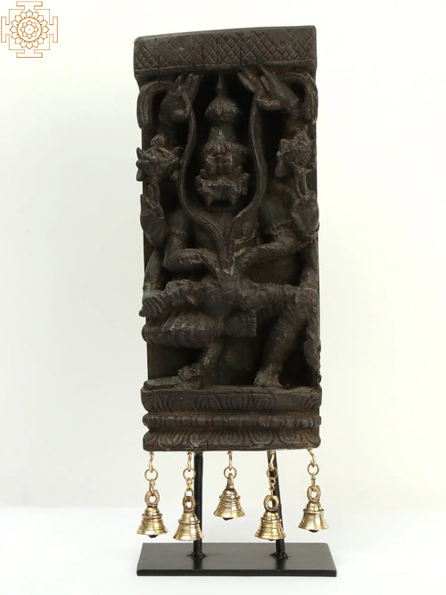 19" Wooden Lord Narasimha Statue with Brass Bells Handmade