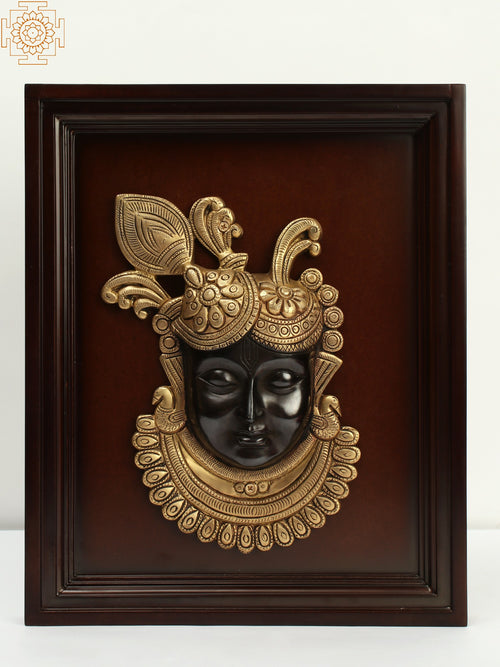 15" Brass Shrinath ji Face Wooden Frame Wall Hanging