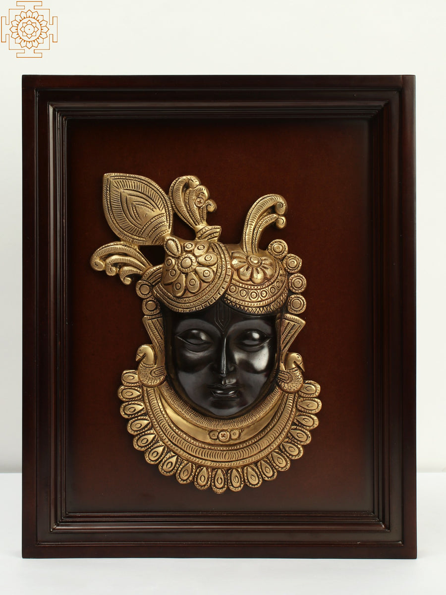 15" Brass Shrinath ji Face Wooden Frame Wall Hanging