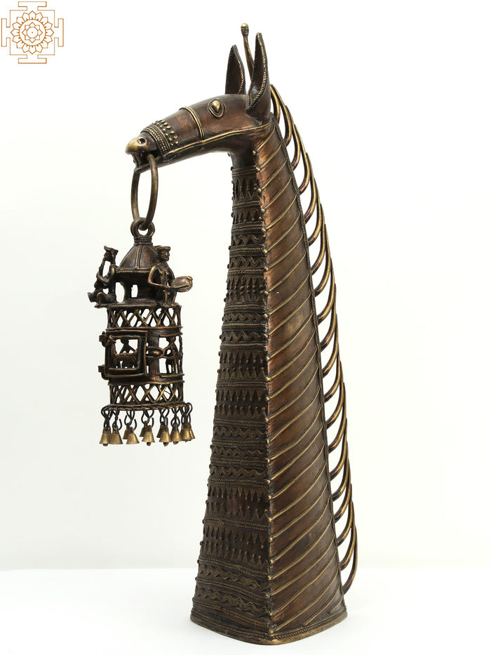 28" Tribal Brass Horse Head Statue with Dangling Bells for Home Decor