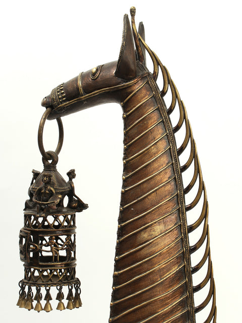 28" Tribal Decorative Horse Head in Brass with Dangling Bells | Home Decor