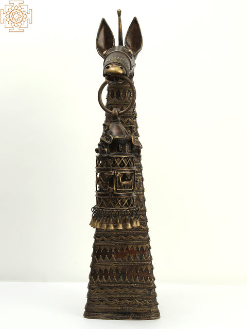 28" Tribal Decorative Horse Head in Brass with Dangling Bells | Home Decor