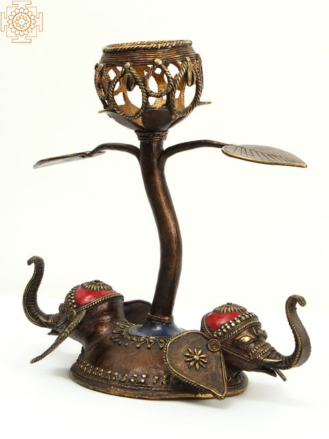 11" Designer Lamp with Elephnats in Brass