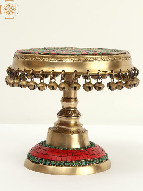 9" Designer Pedestal with Dangling Ghungroos | Brass with Inlay Work