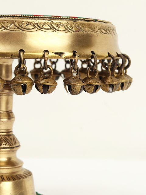 9" Designer Pedestal with Dangling Ghungroos | Brass with Inlay Work