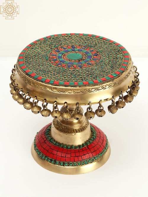 9" Brass Pedestal with Dangling Ghungroos and Inlay Work